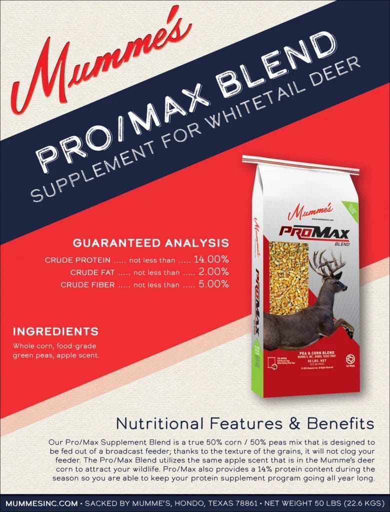 a promotional flyer for 'Mumme's 14% Promax Blend and deer corn